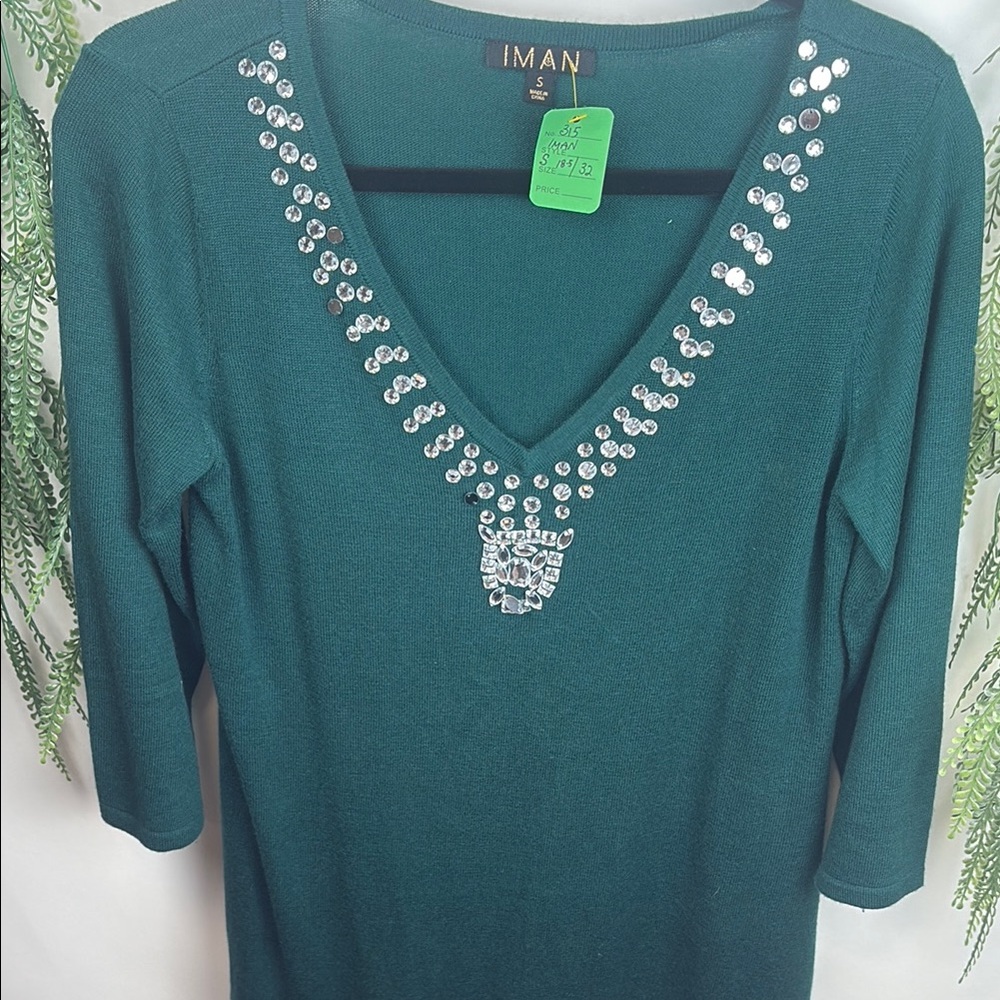 IMAN Green V-Neck Sweater with Rhinestone Embellishments